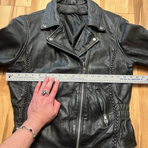 VINTAGE 80s Motorcycle Jacket Womens Small Cross Zip Biker Greaser Punk Braided - Picture 2 of 8